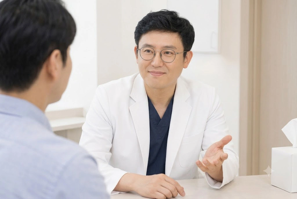 환자의 말을 경청하며 진료 방향을 설명하는 정재환 이비인후과 전문의