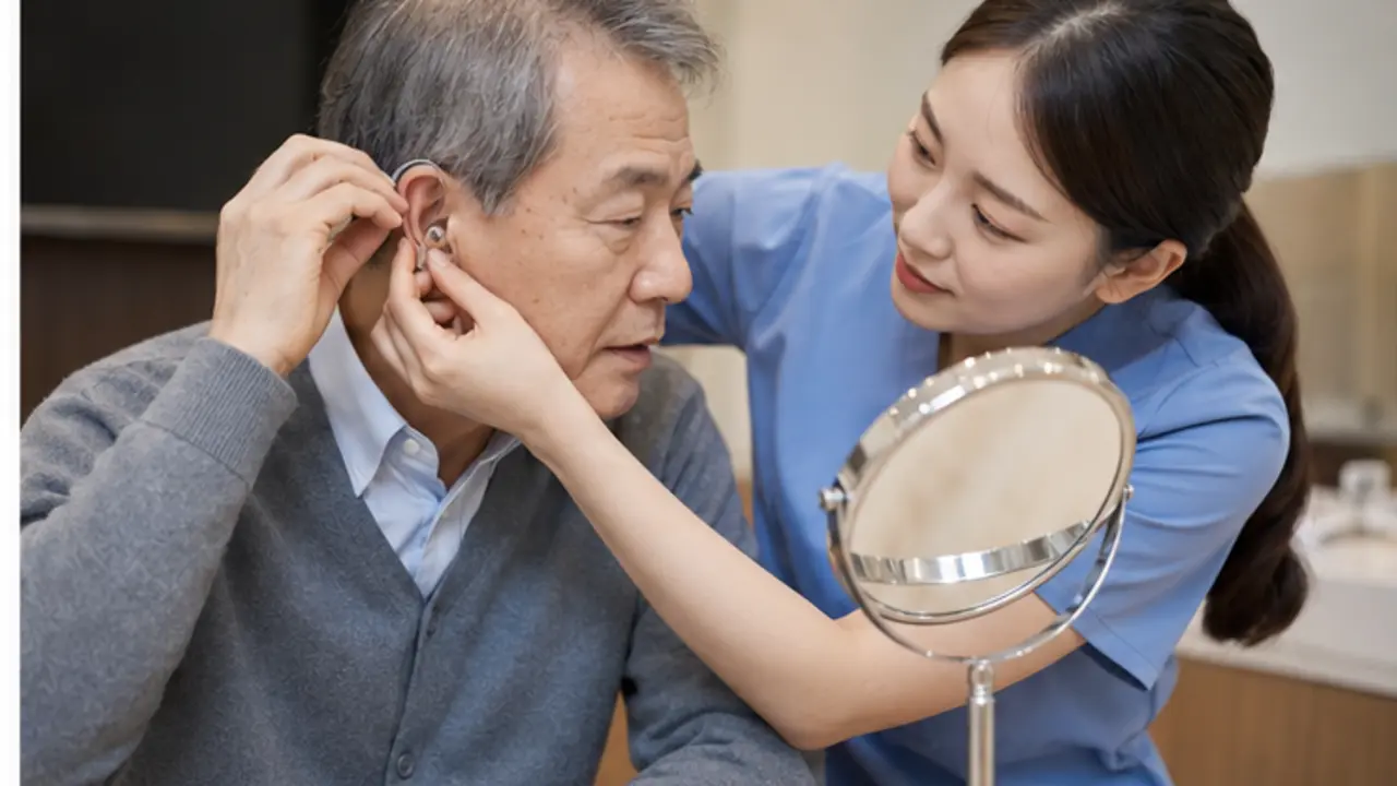 난청 환자에게 보청기 적응 방법을 설명하는 한국인 의료진