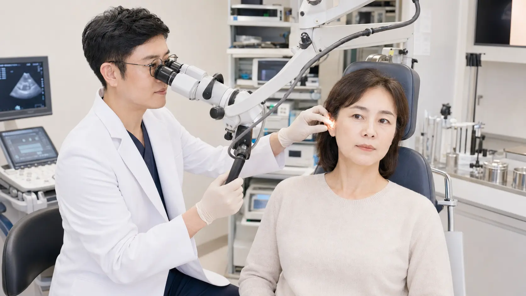 진료용 현미경으로 중년 여성 환자의 귀를 정밀하게 진찰하는 정재환 원장