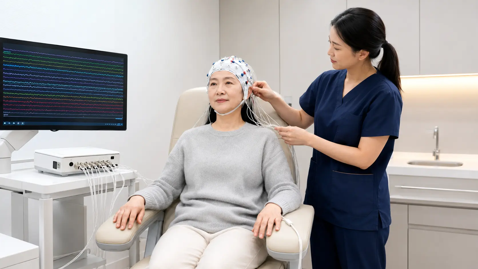 정량뇌파 전극 캡을 착용한 고령 환자와 qEEG 신호를 확인하는 검사자