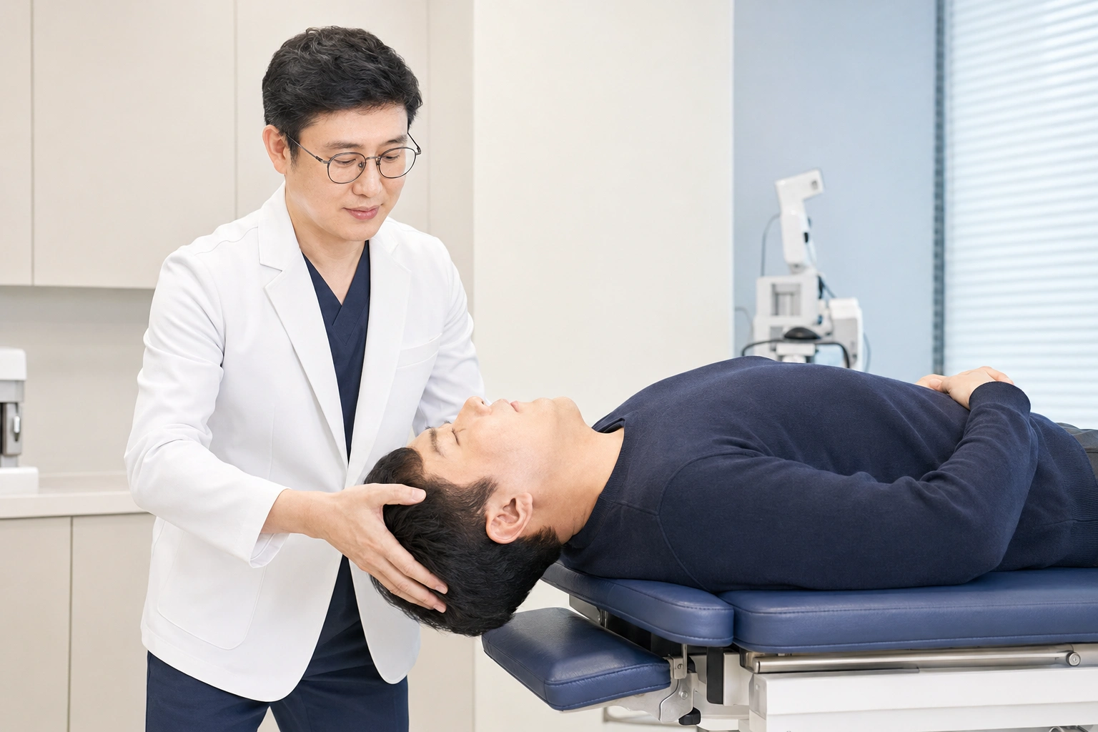 부산 이석증 환자에게 안전하게 체위검사를 시행하는 모습