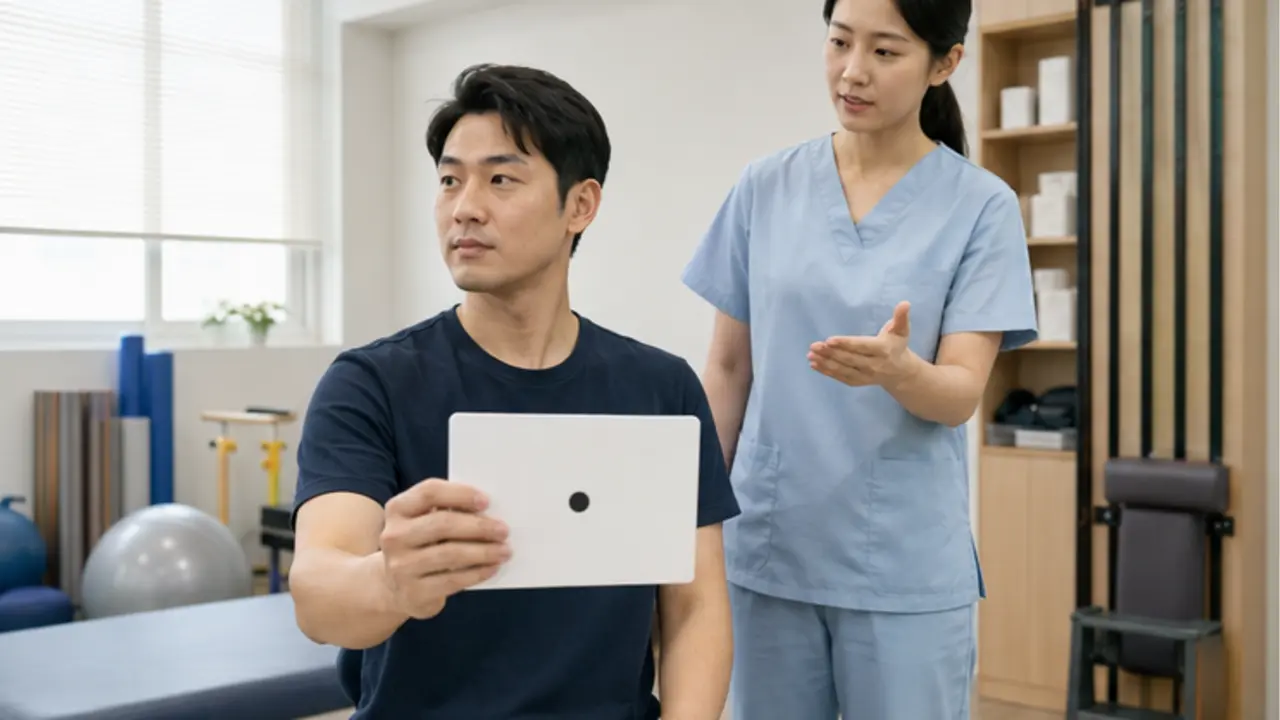 만성 전정기능 저하 환자가 시선 안정 전정재활을 하는 모습