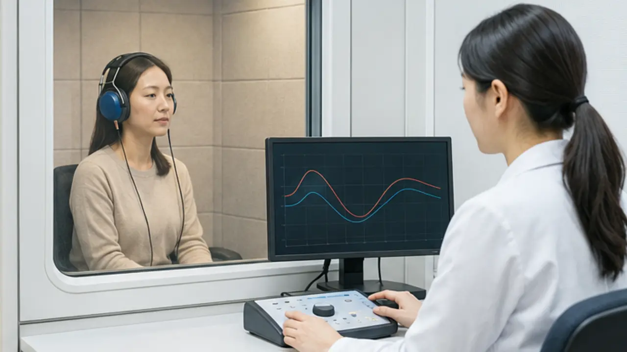메니에르병 평가를 위해 순음청력검사를 받는 한국인 여성 환자