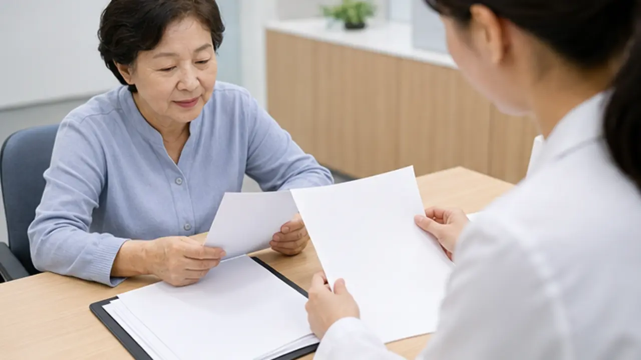 청각장애진단 과정과 서류를 설명받는 난청 환자
