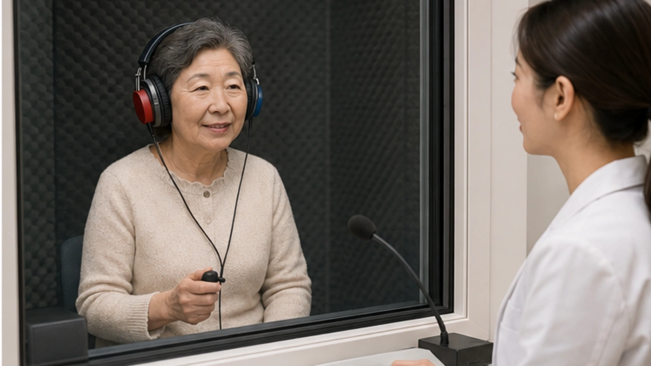 노인성 난청을 상담하며 청력검사 결과를 확인하는 한국인 노년 환자와 의료진