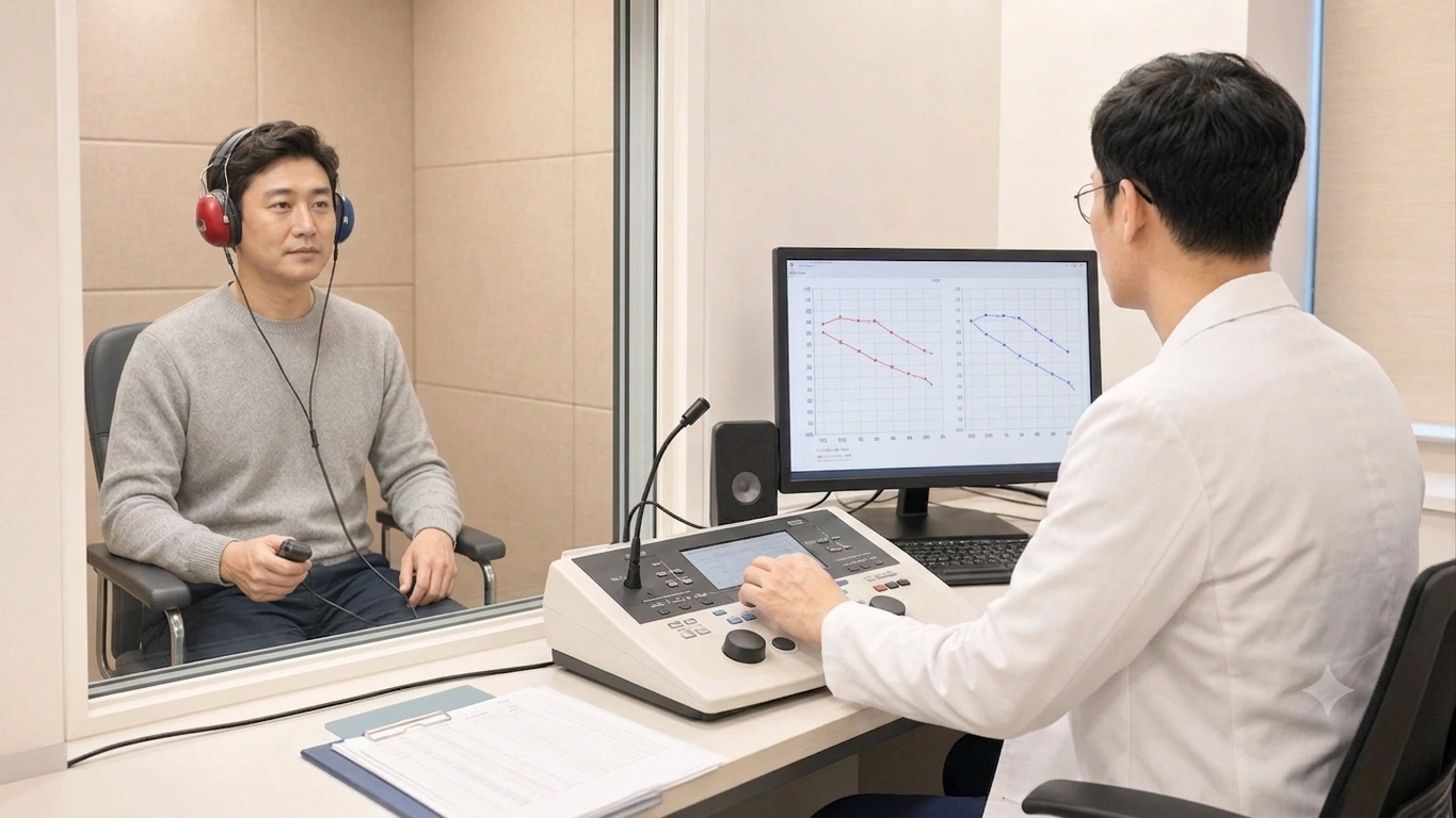 방음실에서 순음청력검사를 받는 환자와 청력검사 장비를 확인하는 정재환 원장