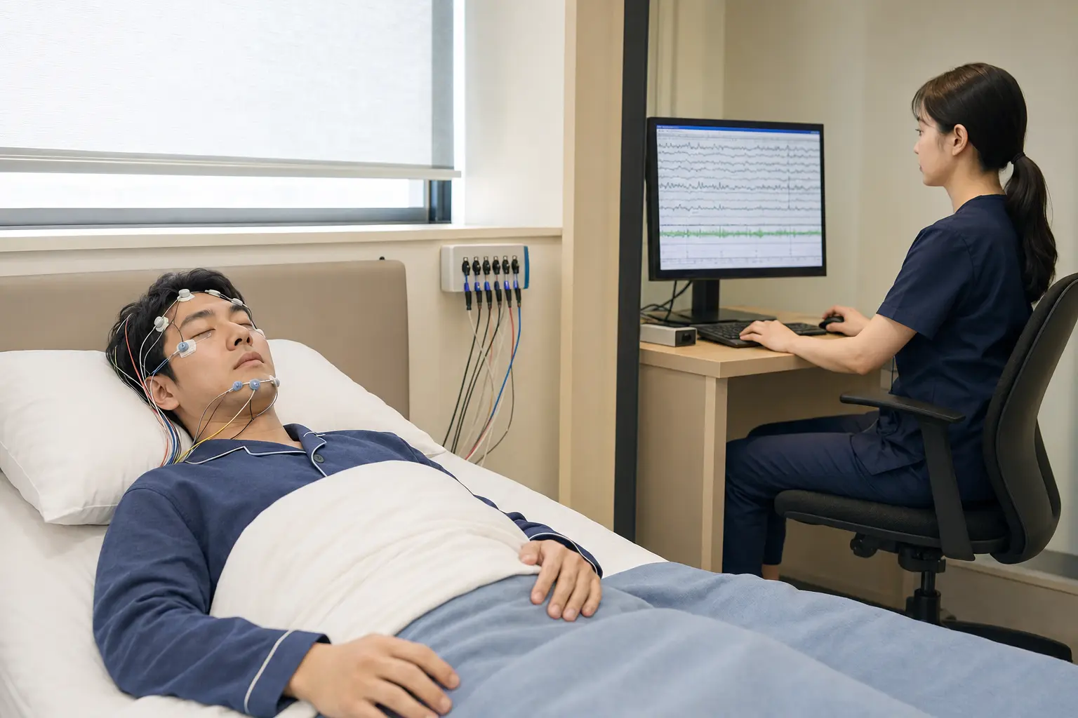 낮 시간 수면검사실에서 다중수면잠복기검사를 받는 한국인 환자와 신호를 확인하는 검사 담당자