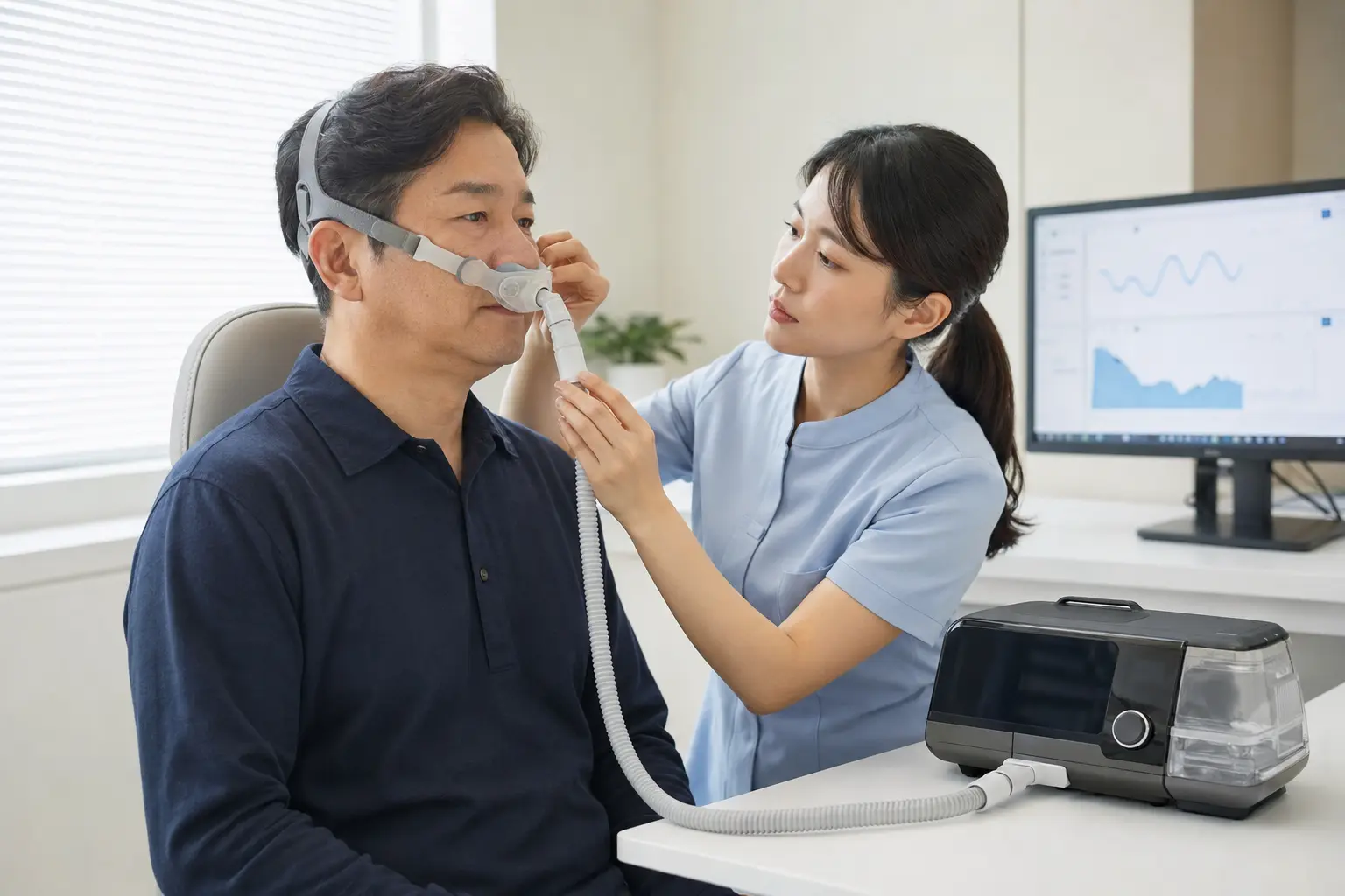 수면클리닉 담당자가 한국인 환자의 양압기 마스크 밀착과 사용 데이터를 확인하는 장면