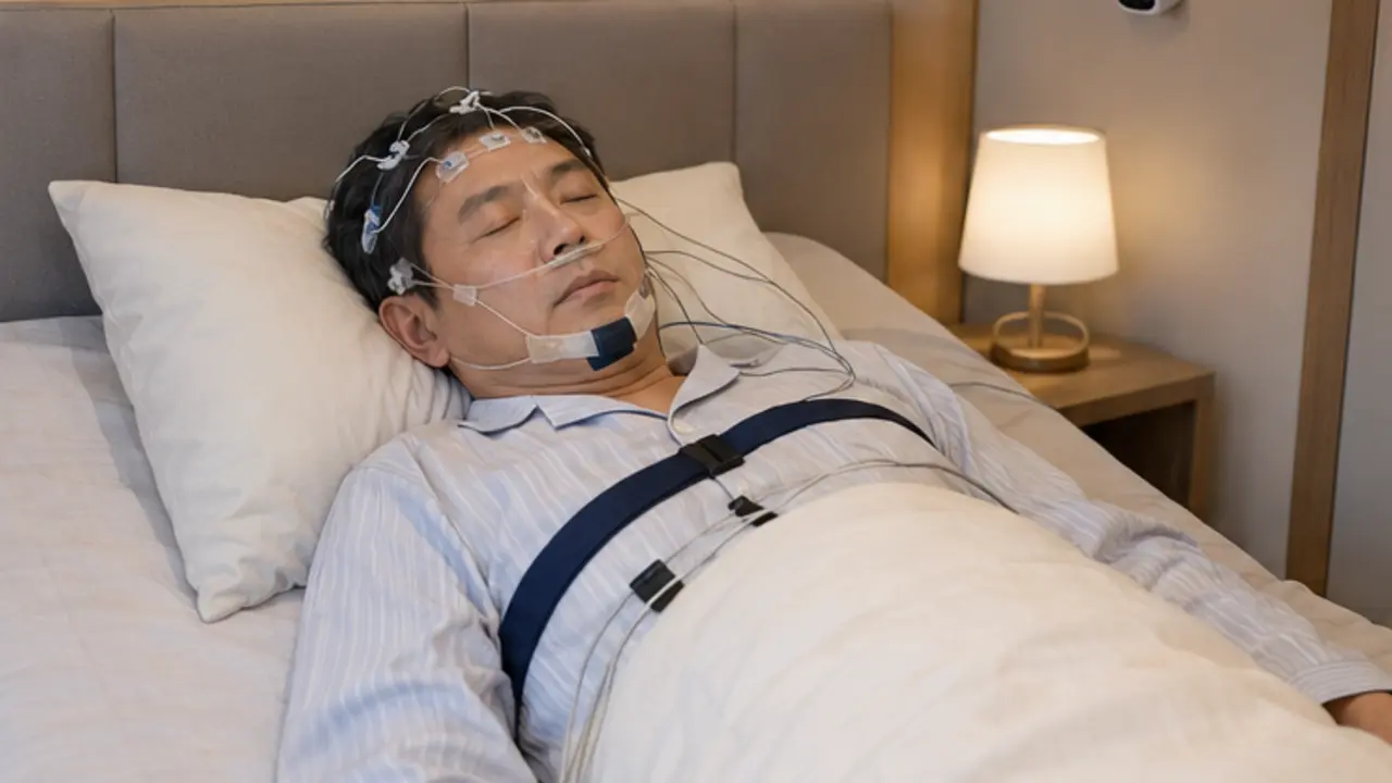 독립된 수면검사실에서 여러 센서를 부착하고 수면다원검사를 받는 한국인 환자