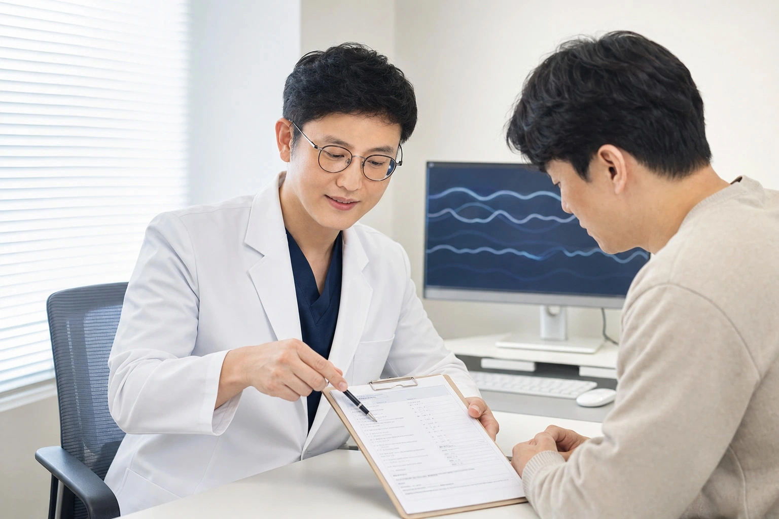 정재환 원장이 환자와 수면 문진표와 검사 과정을 확인하는 모습