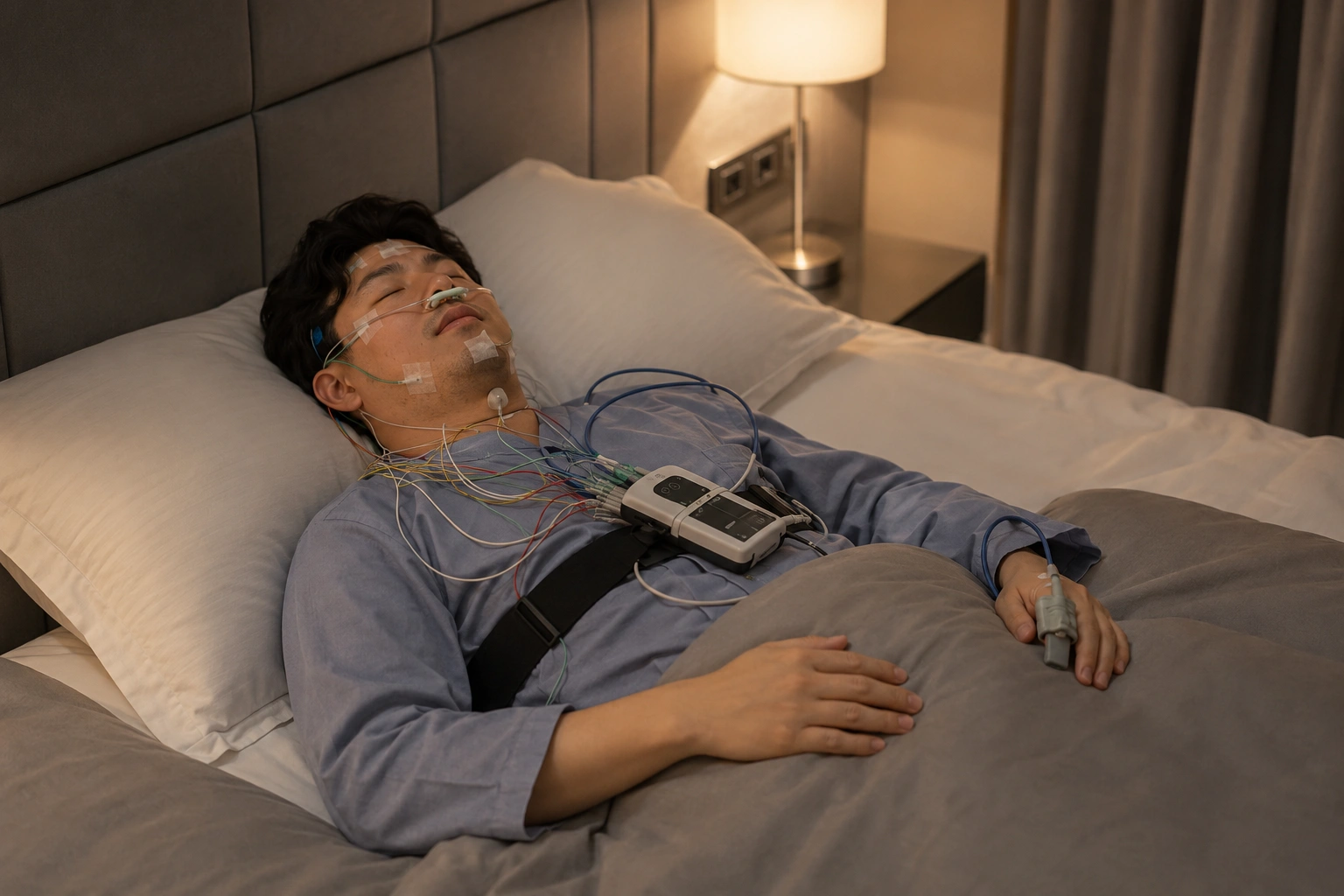 정돈된 수면검사실에서 여러 센서를 부착하고 야간 검사를 받는 모습