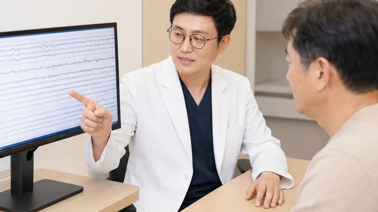 정재환 원장이 수면다원검사 기록을 화면으로 설명하는 상담 장면