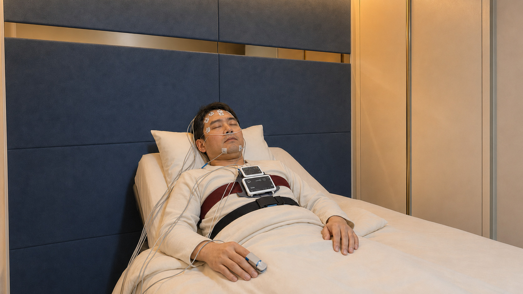 SONATA 무선 수면평가장치와 생체신호 센서를 착용하고 수면다원검사를 받는 환자