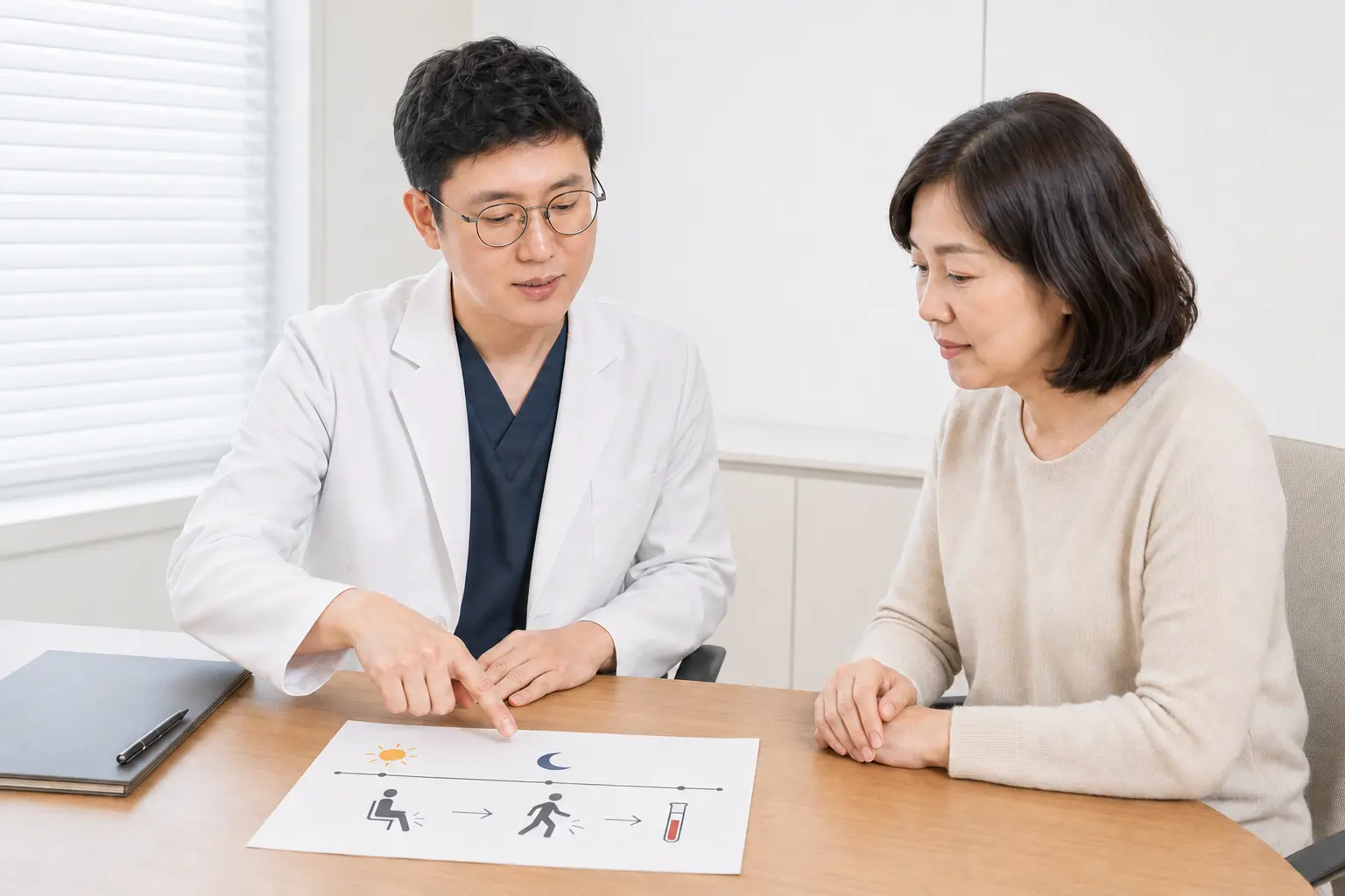진료실에서 하지불안 증상 시간대와 철 상태 검사 필요성을 확인하는 한국인 환자와 의료진
