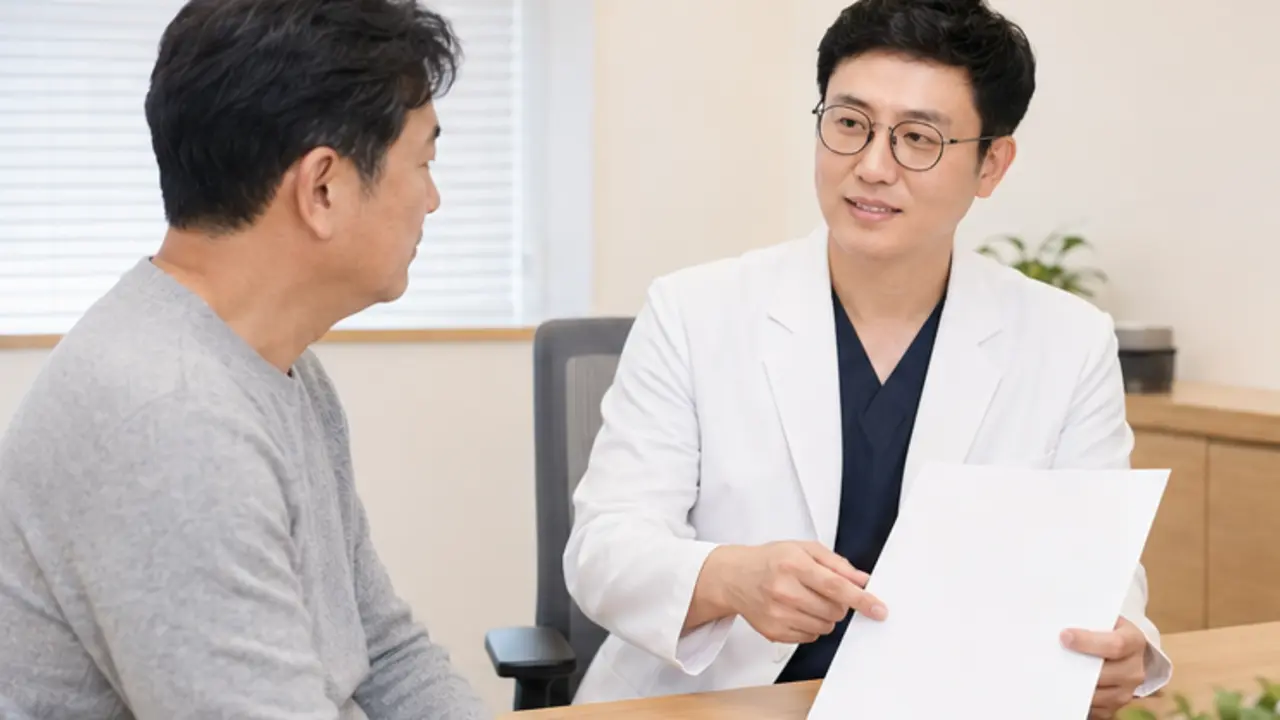 정재환 원장이 환자와 수면 증상 및 수면 일정을 확인하는 상담 장면