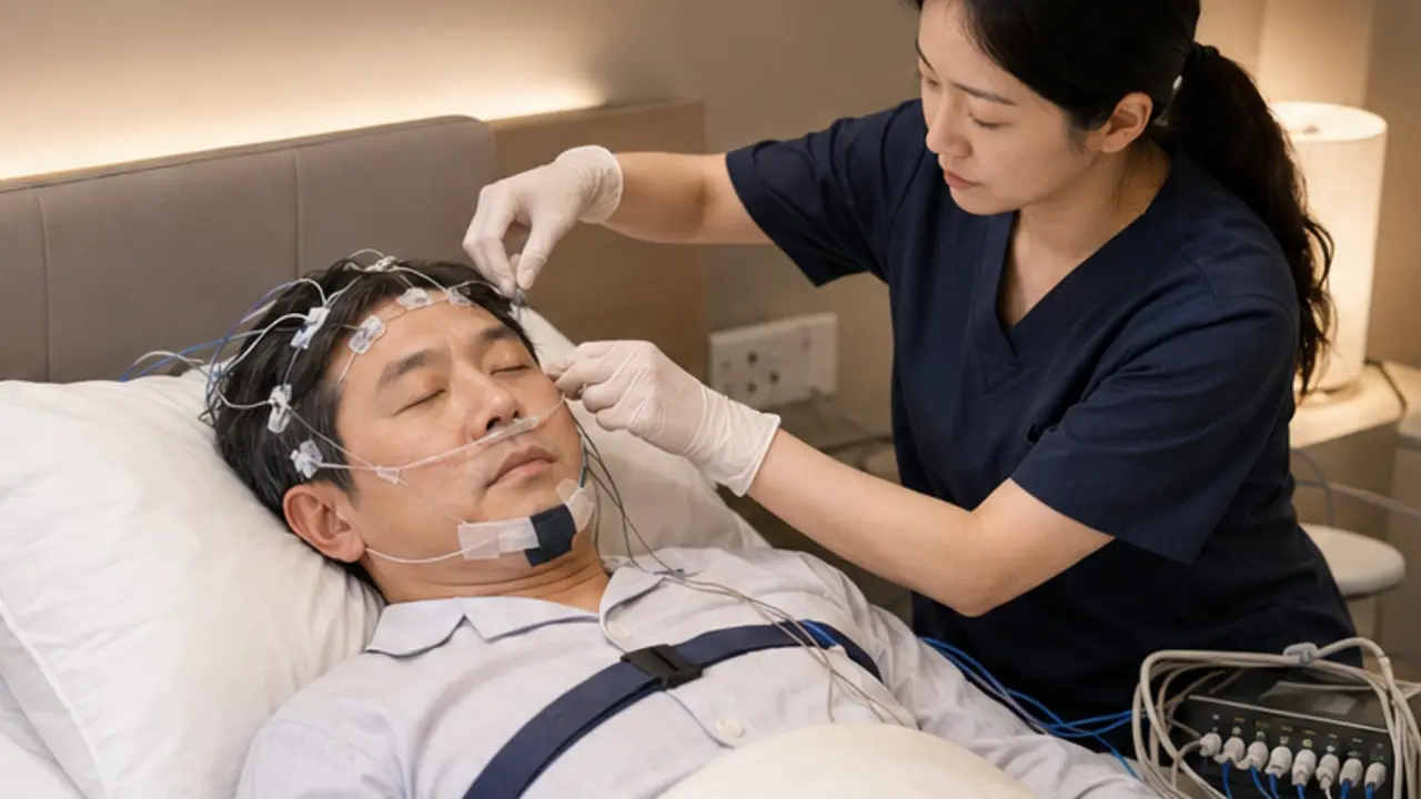 정돈된 수면다원검사실에서 수면 센서를 부착하는 장면
