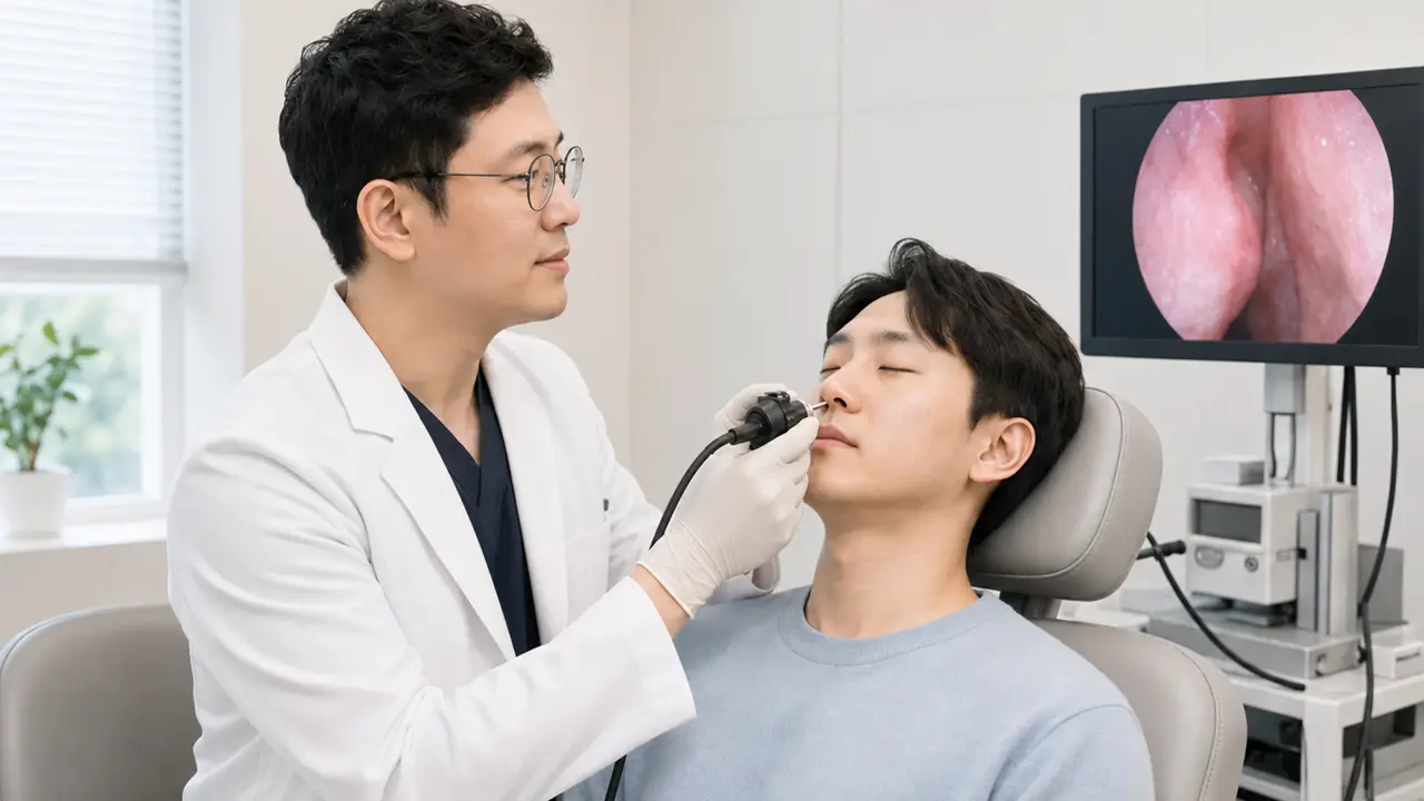 축농증 환자의 비강 내시경 결과를 상담하는 진료 장면