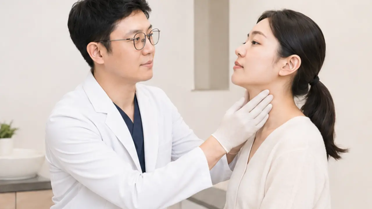 목 멍울과 갑상선 부위를 진찰하는 이비인후과 진료 장면