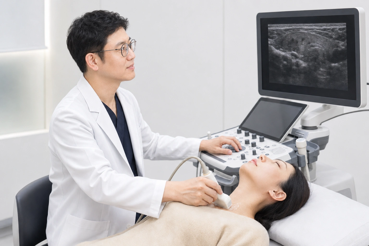 환자의 갑상선과 목 부위를 두경부 초음파로 검사하는 모습