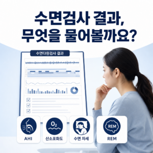 수면다원검사 결과 상담에서 AHI, 산소포화도, 자세와 REM 수면 질문을 안내하는 대표 이미지