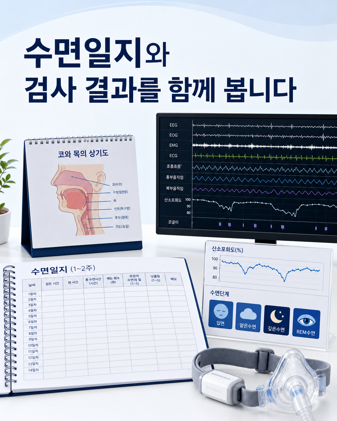 수면일지와 상기도 평가, 수면다원검사 결과를 함께 확인하는 평가 과정 이미지