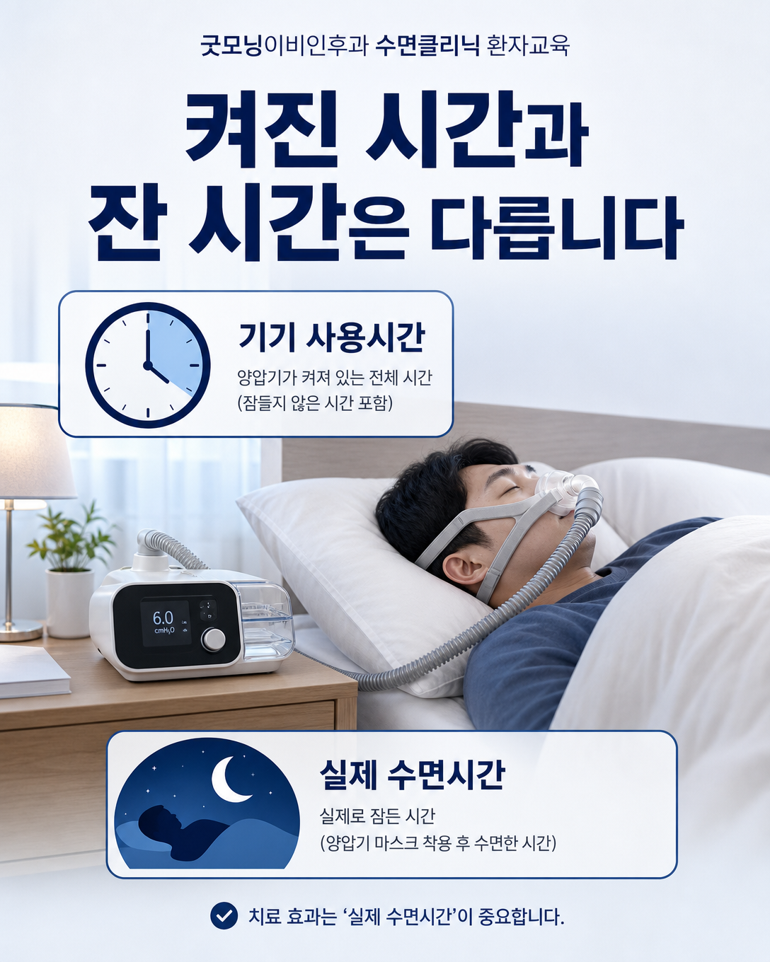 양압기 기기 작동시간과 실제 수면 중 사용시간의 차이를 설명하는 이미지
