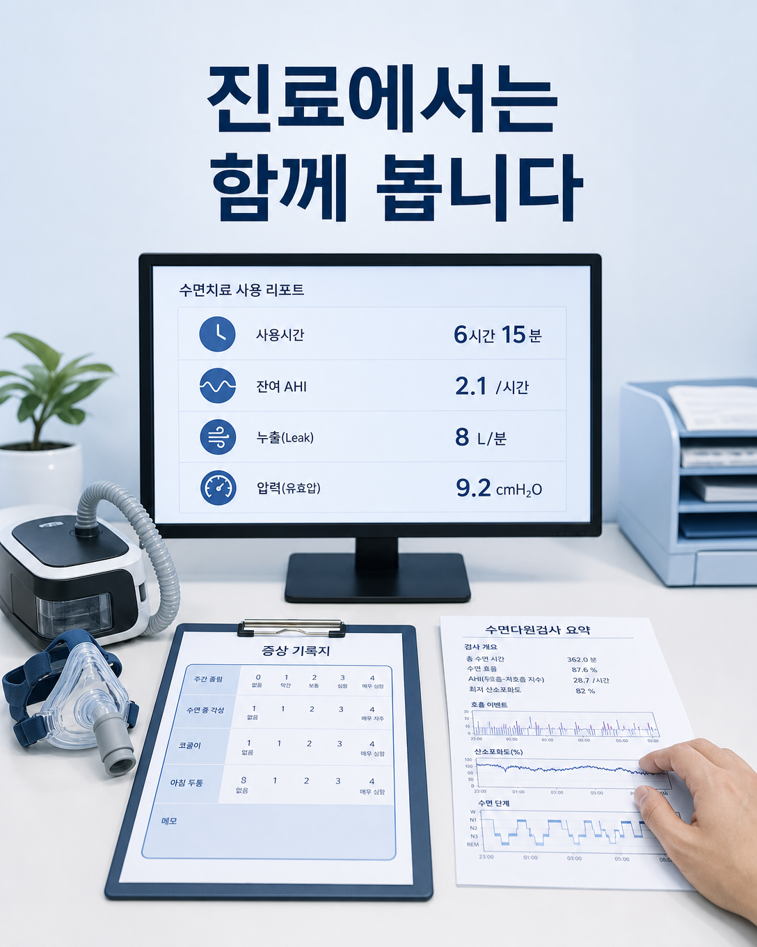 양압기 데이터와 증상 기록, 수면다원검사 결과를 함께 검토하는 진료 관점