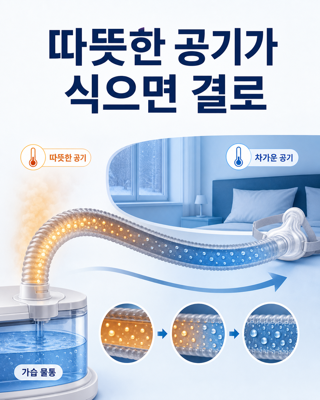 따뜻하고 습한 공기가 차가운 양압기 호스에서 물방울로 응결되는 과정