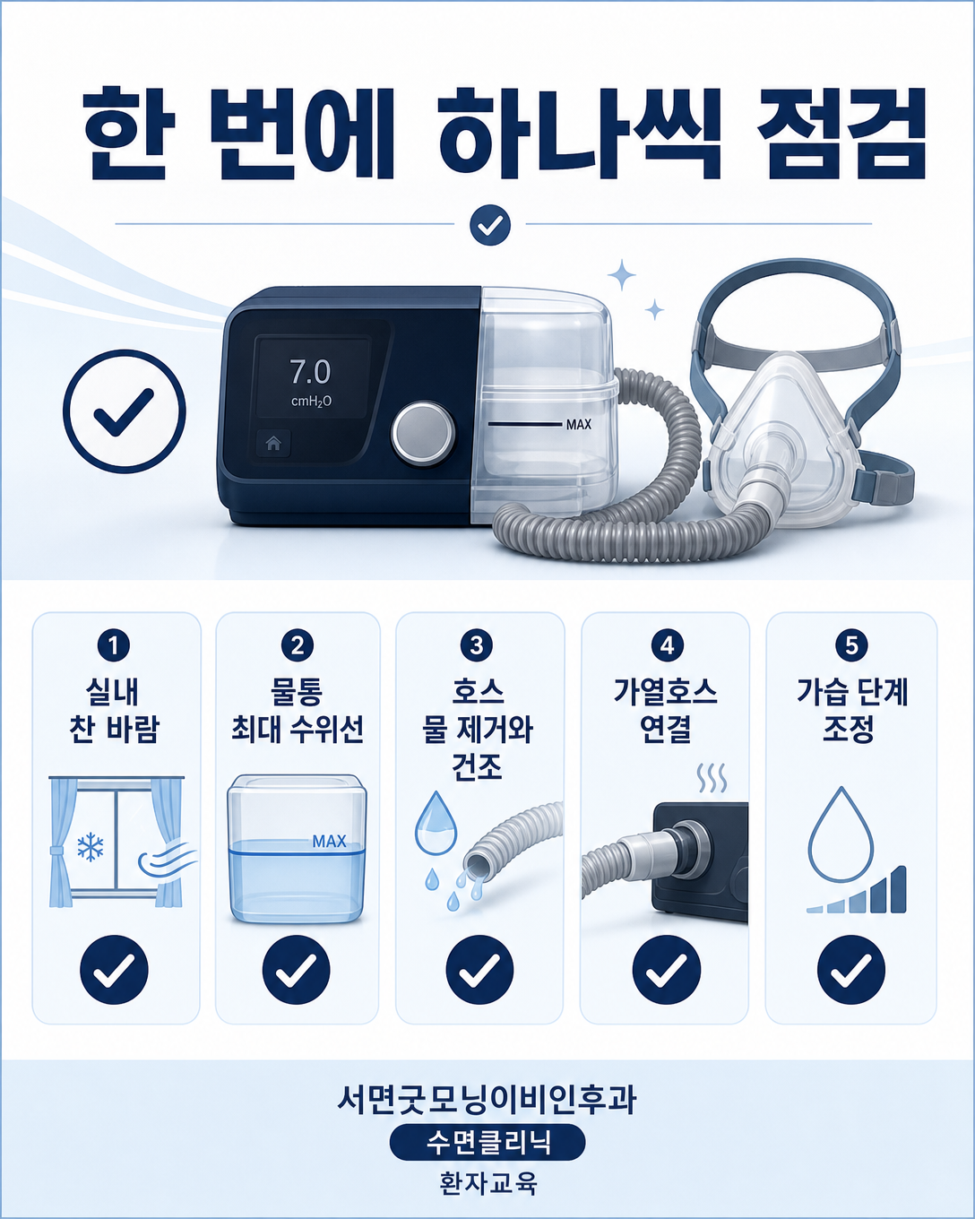 양압기 결로가 생겼을 때 실내온도와 물통, 호스, 가습을 점검하는 순서