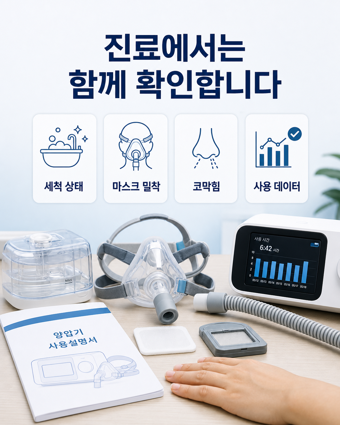 양압기 세척 상태와 마스크 밀착, 코막힘, 사용 데이터를 함께 확인하는 진료 관점