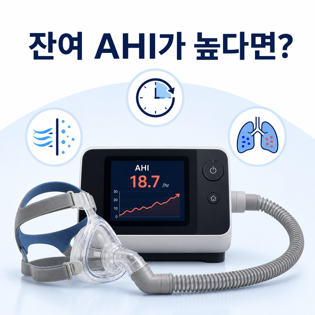 양압기 잔여 AHI가 높을 때 사용시간과 누출, 사건 유형을 확인하는 순서