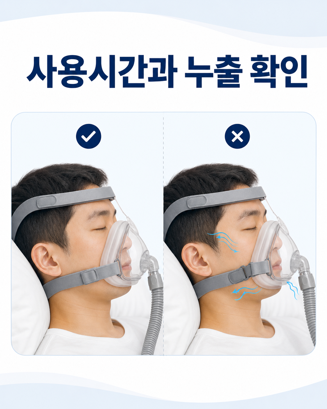 양압기 마스크 밀착과 입 누출을 구분해 확인하는 교육 이미지