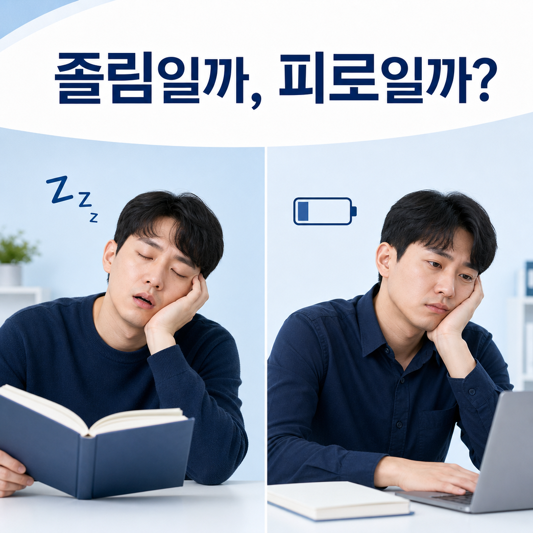 주간졸림과 피로의 차이를 잠이 오는 상태와 에너지가 저하된 상태로 비교한 이미지