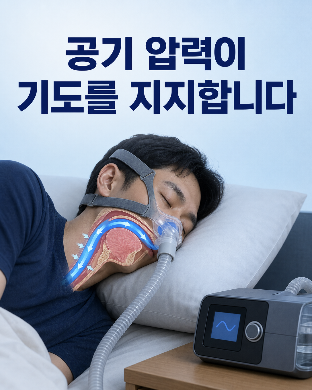 양압기 마스크에서 전달된 공기 압력이 상기도 벽을 지지하는 치료 원리