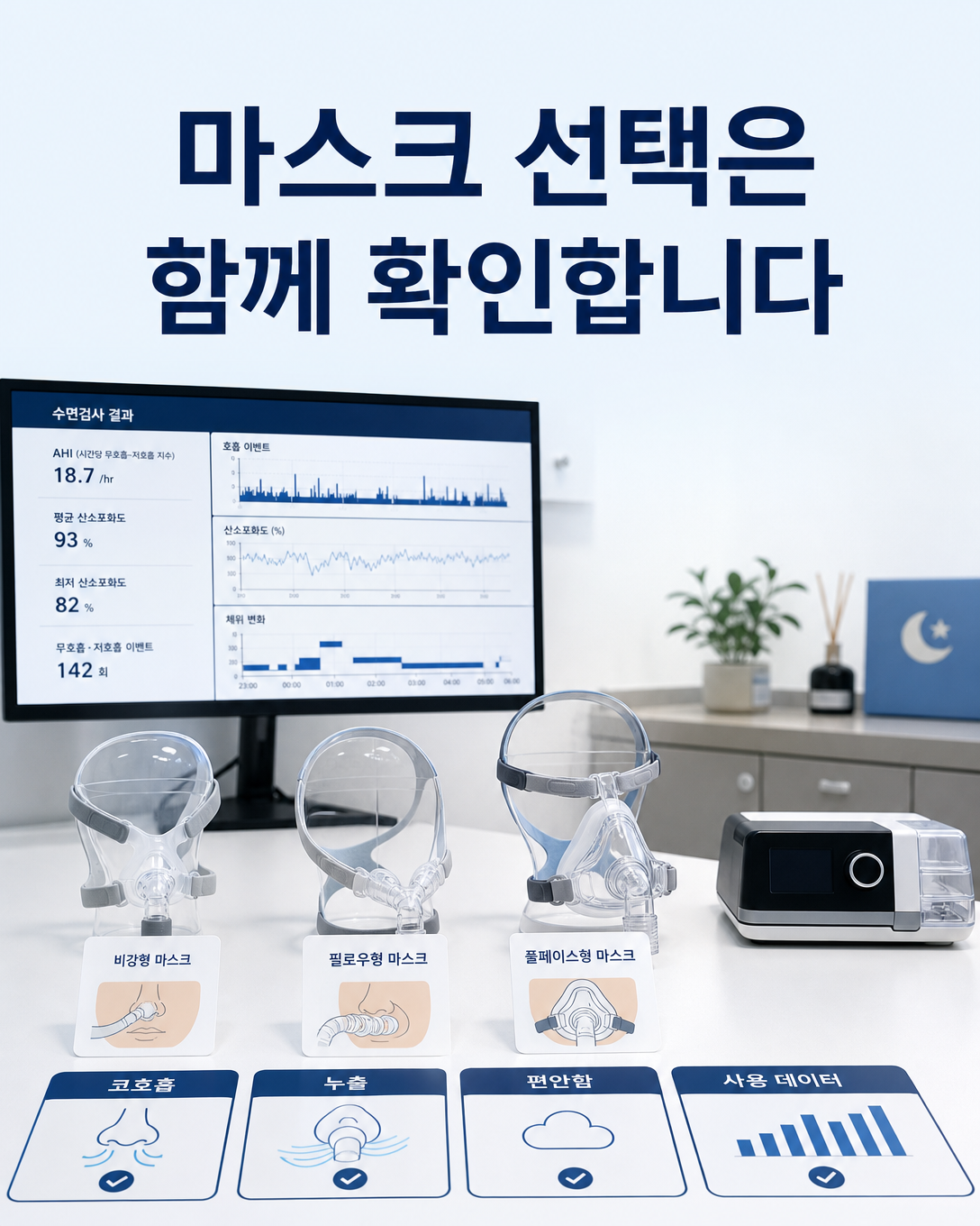 수면검사 결과와 코호흡, 누출, 편안함, 사용 데이터를 함께 보는 양압기 마스크 선택 관점