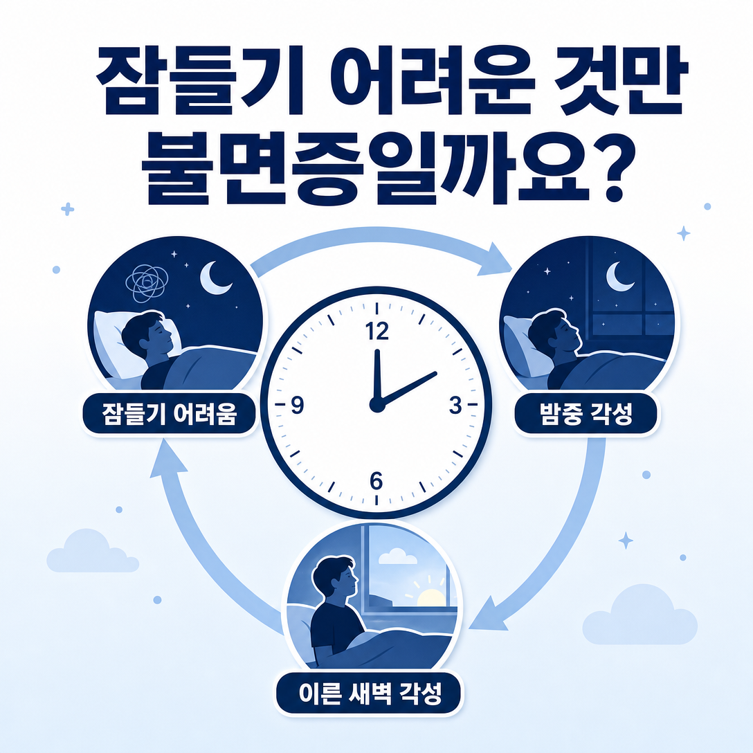 입면장애와 수면유지장애, 조기각성을 함께 보여주는 불면증 대표 이미지