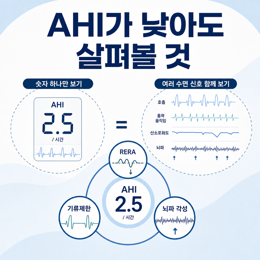 AHI가 낮아도 RERA와 기류제한, 뇌파 각성을 함께 살펴야 함을 보여주는 수면검사 인포그래픽