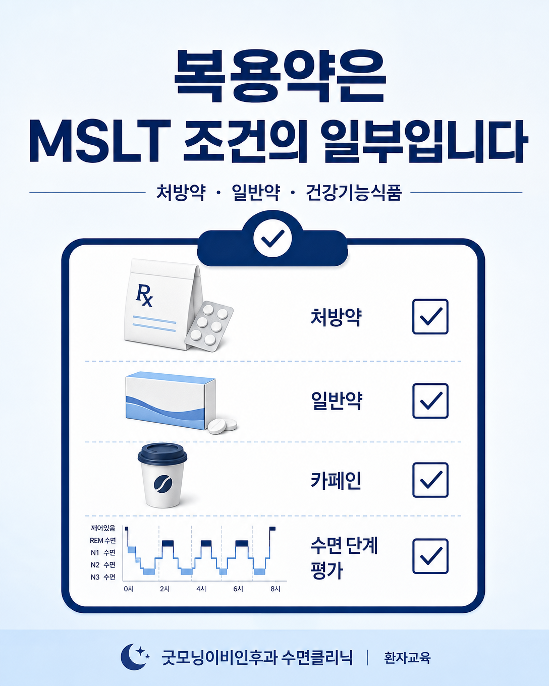 MSLT 결과에 영향을 줄 수 있는 처방약, 일반의약품과 카페인 점검 이미지