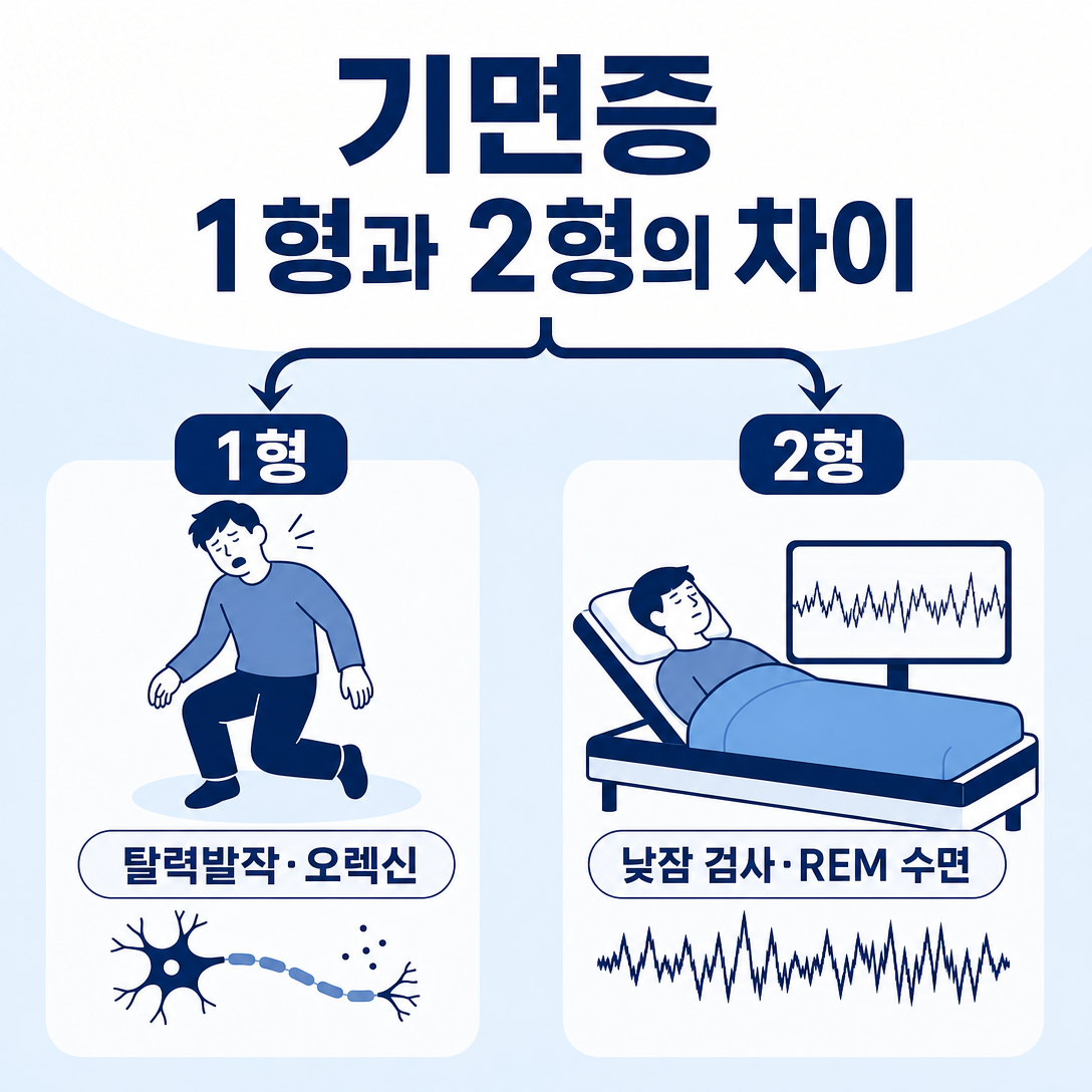 탈력발작과 오렉신, 수면검사로 기면증 1형과 2형을 구분하는 인포그래픽