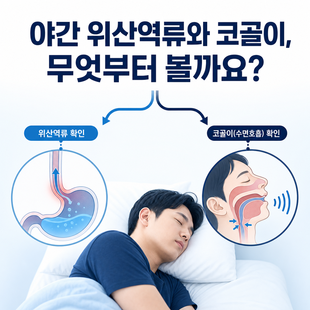 야간 위산역류와 코골이를 각각 구분해 살펴야 함을 보여주는 대표 이미지