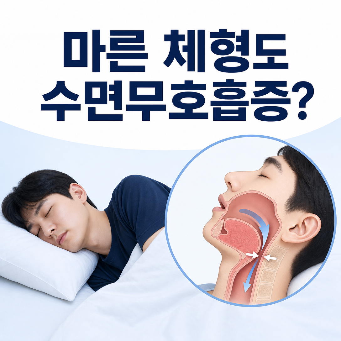 마른 체형의 성인과 턱·혀·상기도 구조를 함께 보여주는 수면무호흡증 대표 이미지
