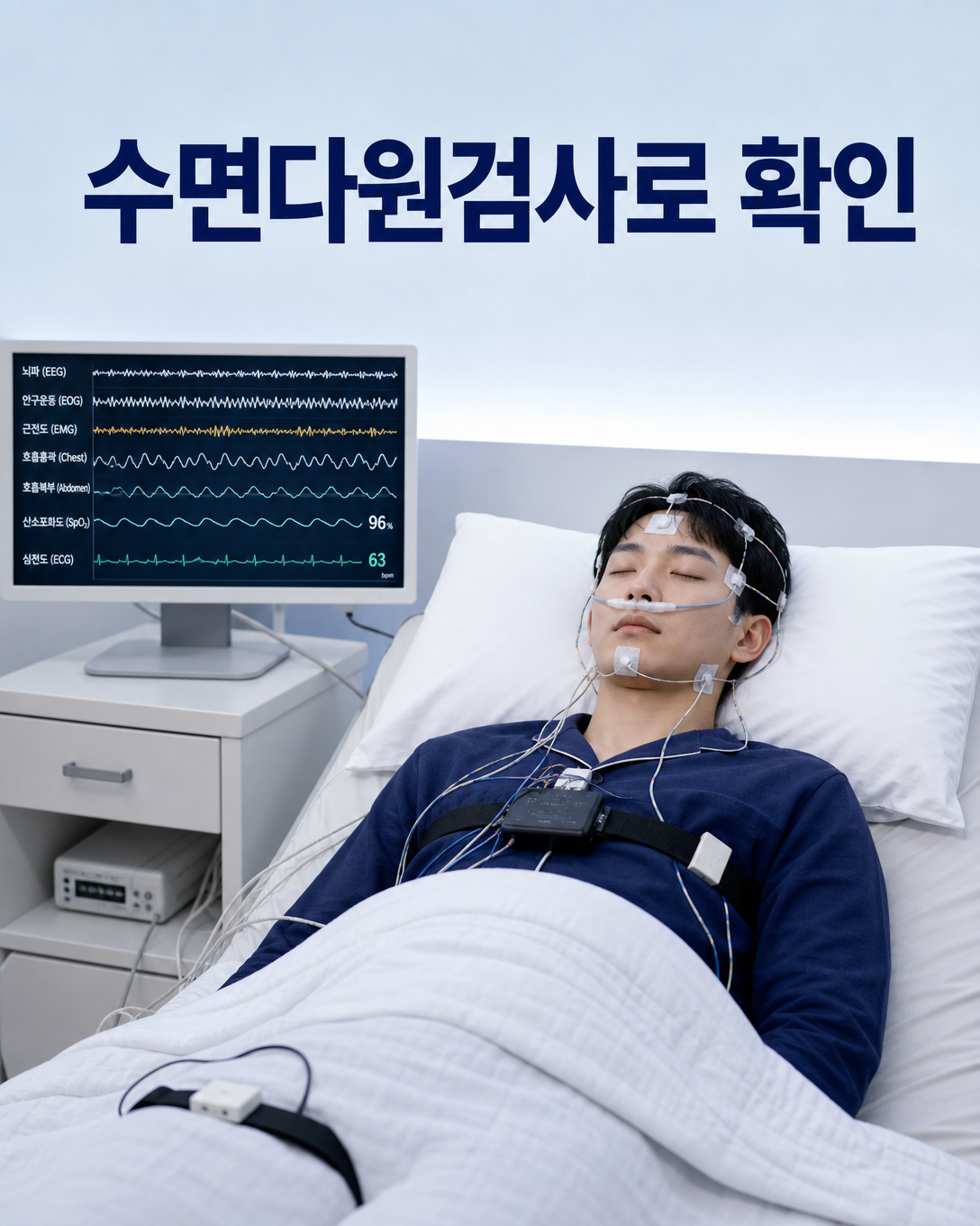 수면다원검사 센서를 부착하고 호흡과 산소, 수면 신호를 기록하는 성인 환자