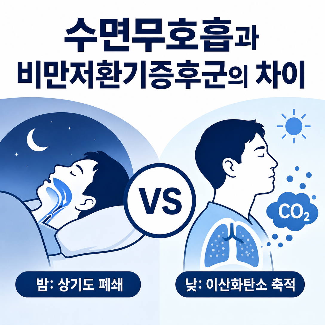 일반 수면무호흡증의 야간 기도 폐쇄와 비만저환기증후군의 주간 환기 부족을 비교한 그림