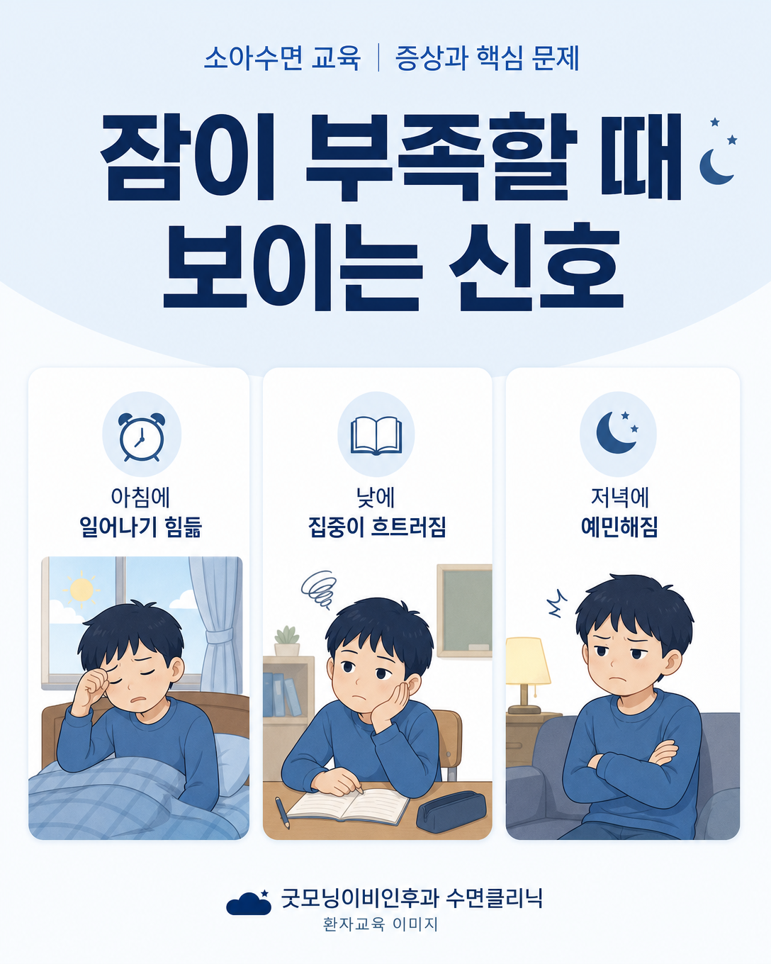 아침 기상 곤란과 집중력 저하 등 아이의 수면 부족 신호를 설명하는 이미지