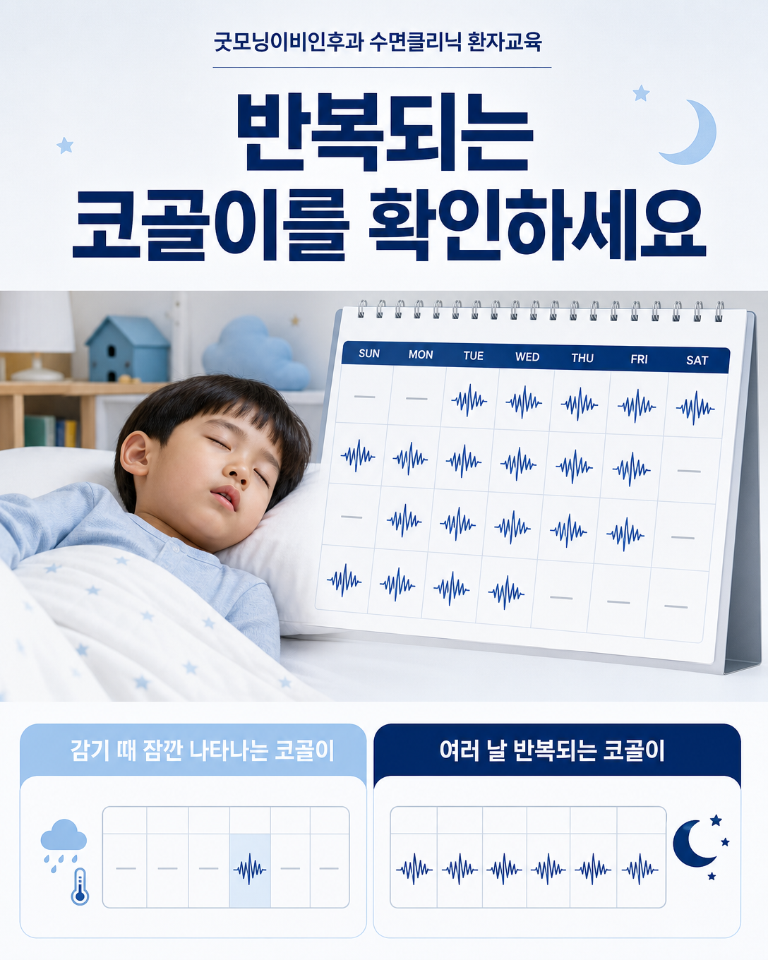 감기 때의 일시적 코골이와 여러 날 반복되는 습관성 코골이를 구분하는 이미지