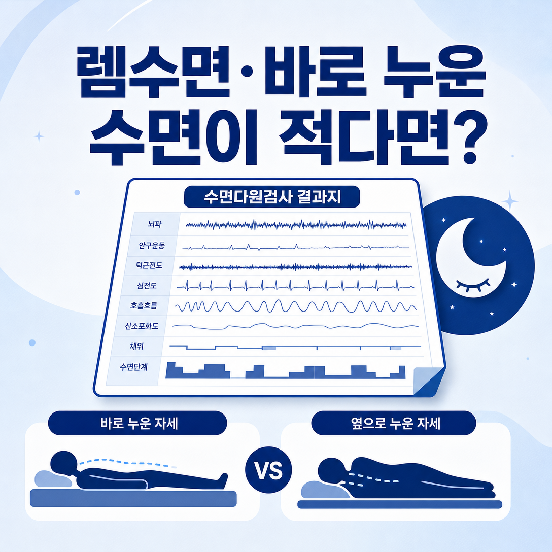 수면다원검사에서 렘수면과 바로 누운 수면이 적을 때 결과 해석을 설명하는 대표 이미지