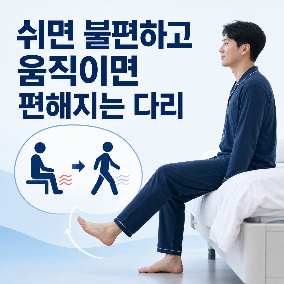 쉬는 동안 다리가 불편하고 움직이면 호전되는 하지불안증후군의 특징을 표현한 대표 이미지