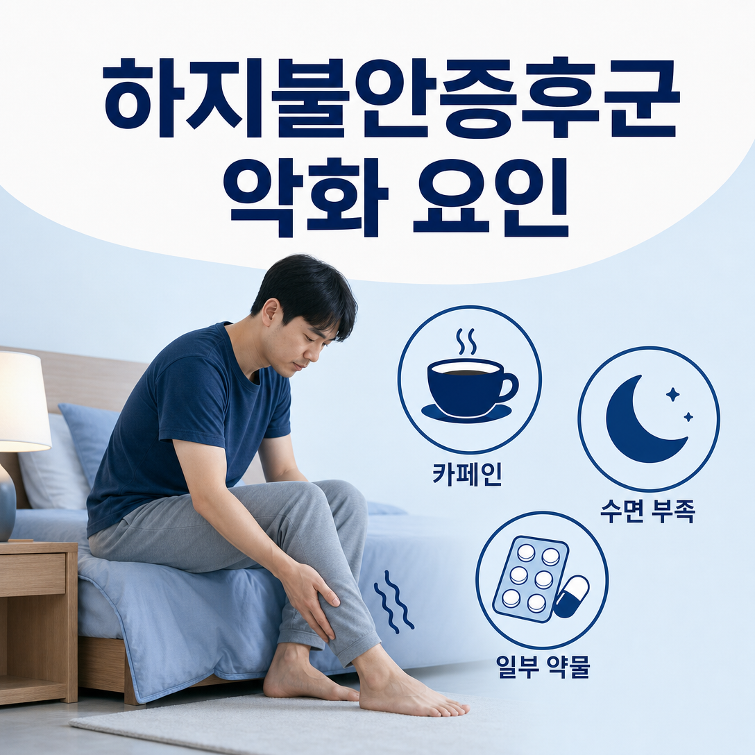 하지불안증후군을 악화시킬 수 있는 수면부족, 카페인과 복용약을 나타낸 대표 이미지