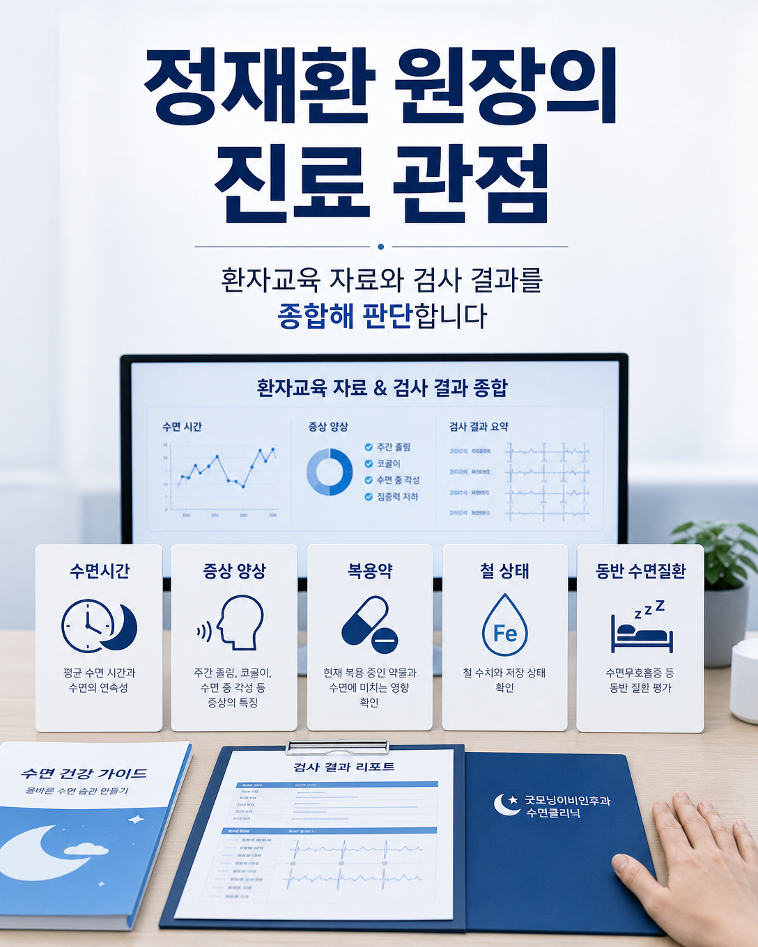 수면 일정, 증상, 복용약, 철 상태와 동반 수면질환을 함께 검토하는 진료 관점 이미지