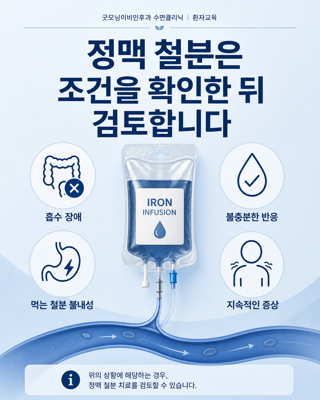 흡수 장애와 먹는 철분 불내성 등 정맥 철분을 검토하는 조건을 설명한 인포그래픽